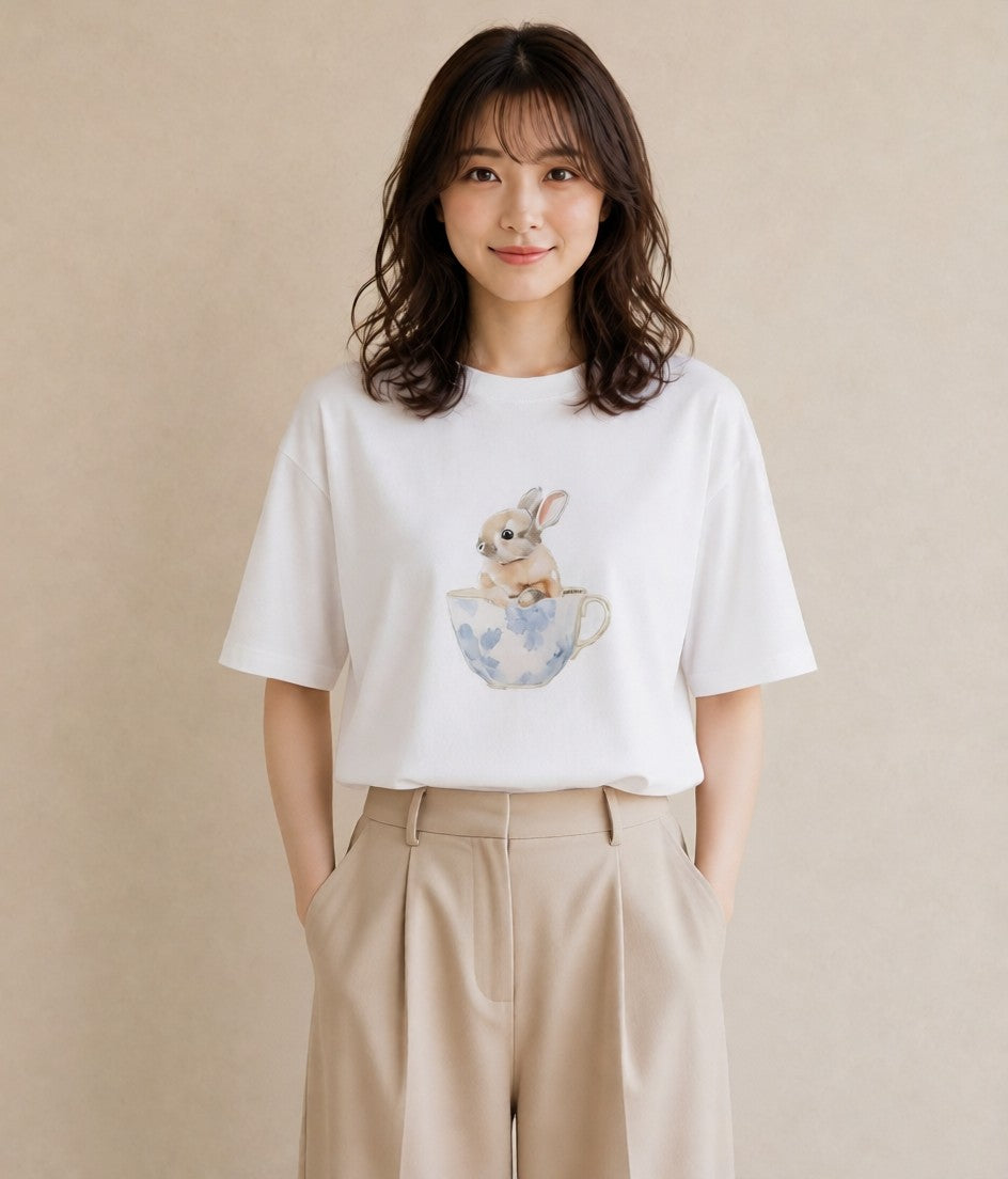 プリントTシャツ レディース ウサギ系野生 動物 アニマル イラスト 線画 友達ギフト 部屋着 白T YMAZO