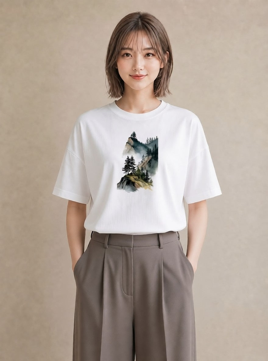プリントTシャツ レディース 山 星空 宇宙 イラスト ラフ デイリーウェア 休日 白T YMAZO
