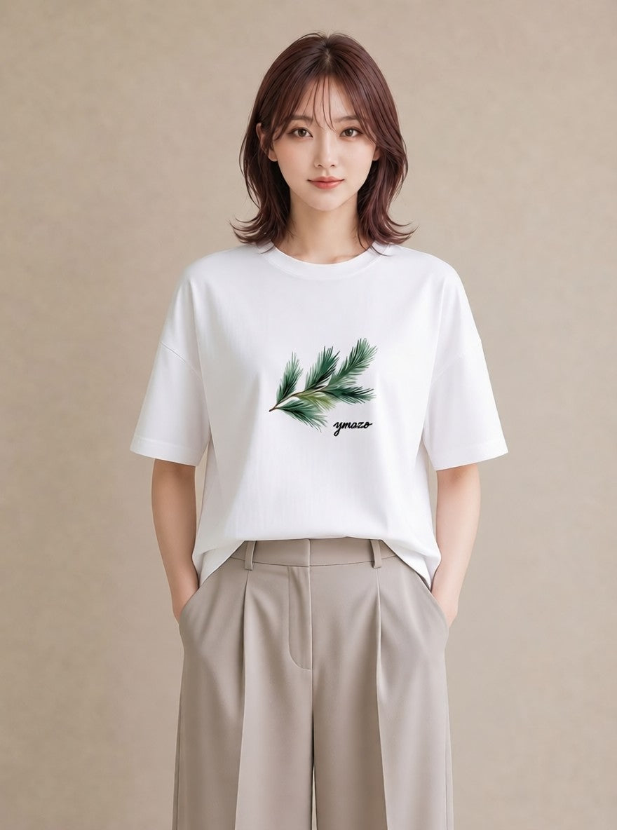 Tシャツ レディース 松ぼっくり 植物 ボタニカル イラスト 韓国風 親子 20代 白T YMAZO