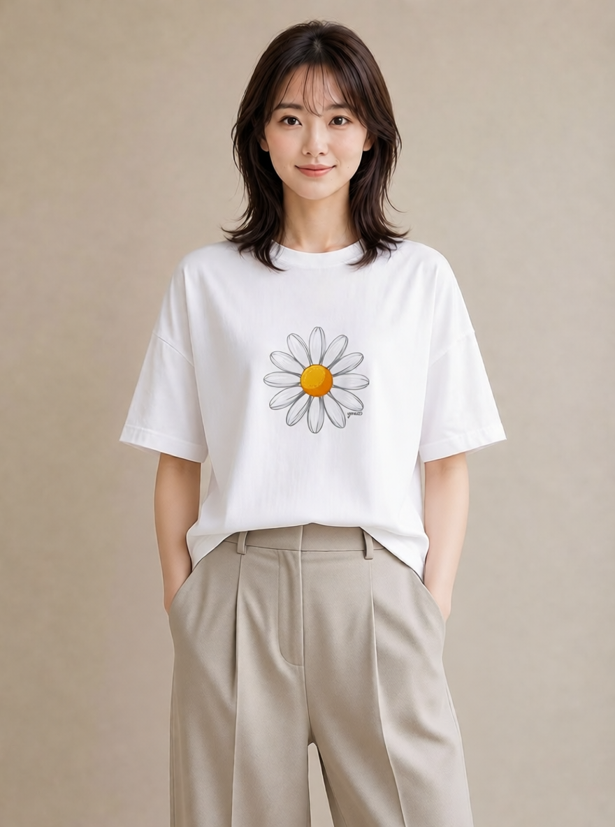 グラフィックTシャツ レディース マーガレット 花 花柄 イラスト 淡色 ラフ レイヤード 白T YMAZO