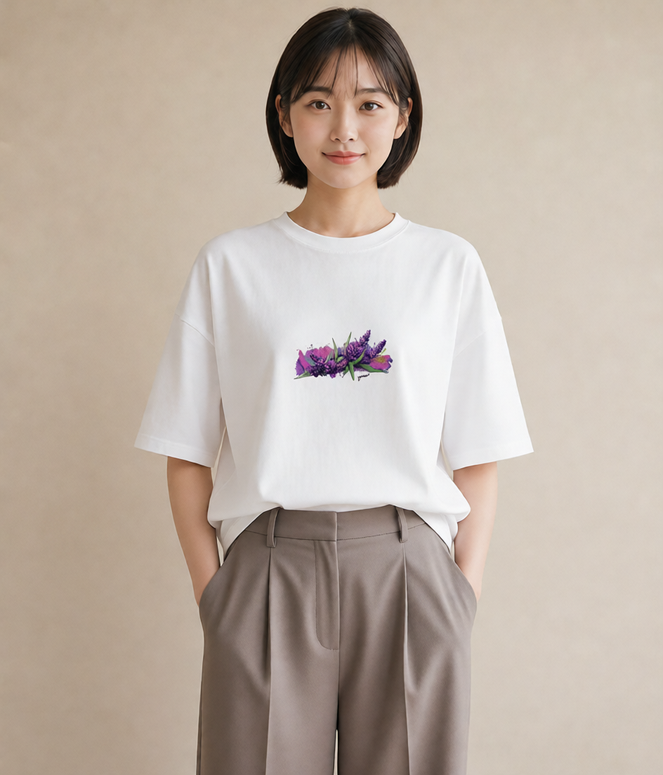 グラフィックTシャツ レディース ラベンダー 花 花柄 イラスト ヴィンテージ風 デート 帰省 白T YMAZO