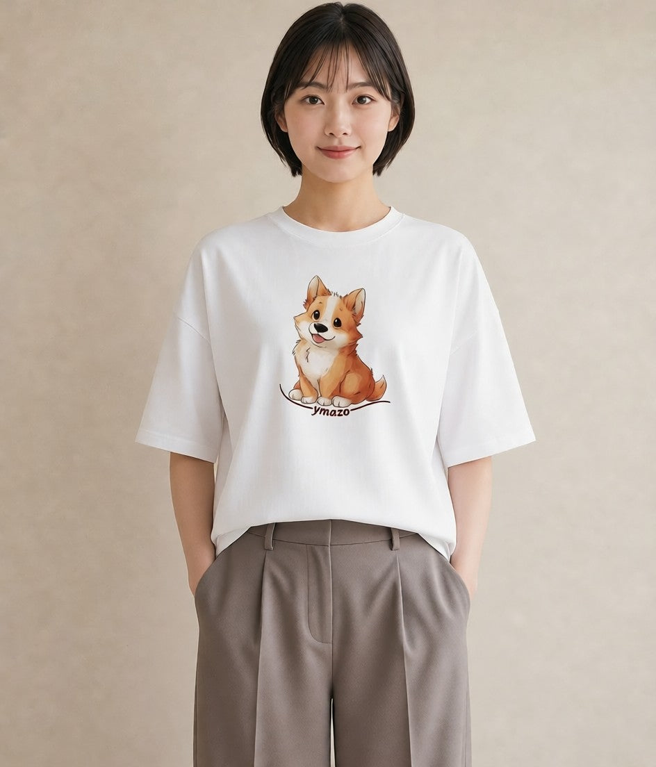 グラフィックTシャツ レディース ウェルシュコーギー コーギー 犬 いぬ イラスト 線画 自分用 ルームウェア 白T YMAZO