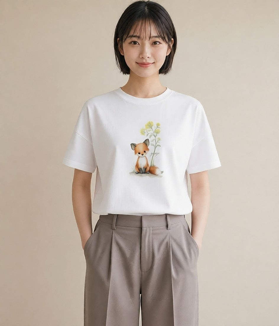 グラフィックTシャツ レディース きつね 動物 アニマル イラスト ゆるかわ 夏コーデ 通学 白T YMAZO