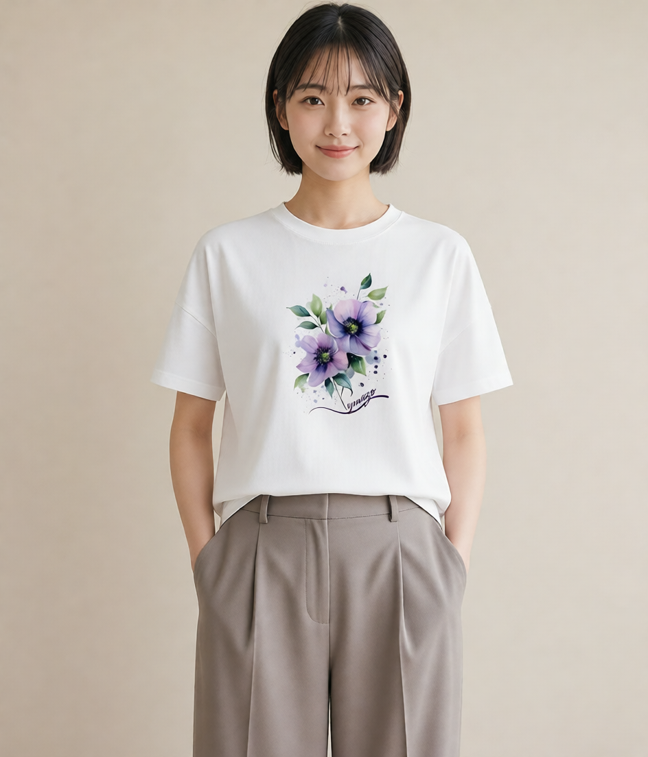Tシャツ レディース スミレ 花 花柄 イラスト 線画 レイヤード 友達ギフト 白T YMAZO