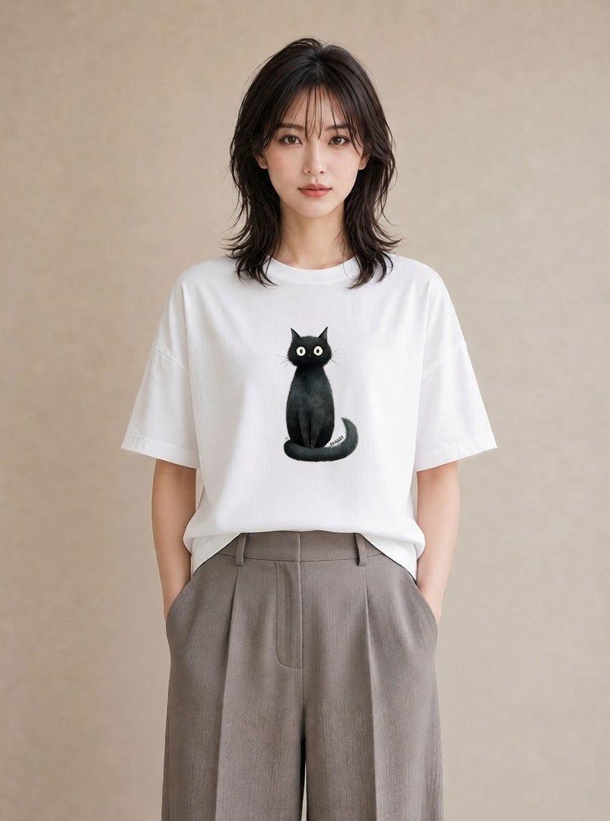 デザインTシャツ レディース 黒猫 猫 ねこ イラスト ナチュラル ママ カフェ服 白T YMAZO