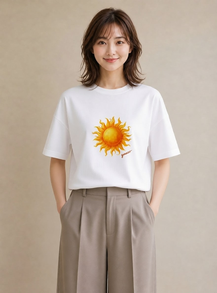 Tシャツ レディース 太陽 星空 宇宙 イラスト カフェコーデ カフェ服 クリスマス 白T YMAZO