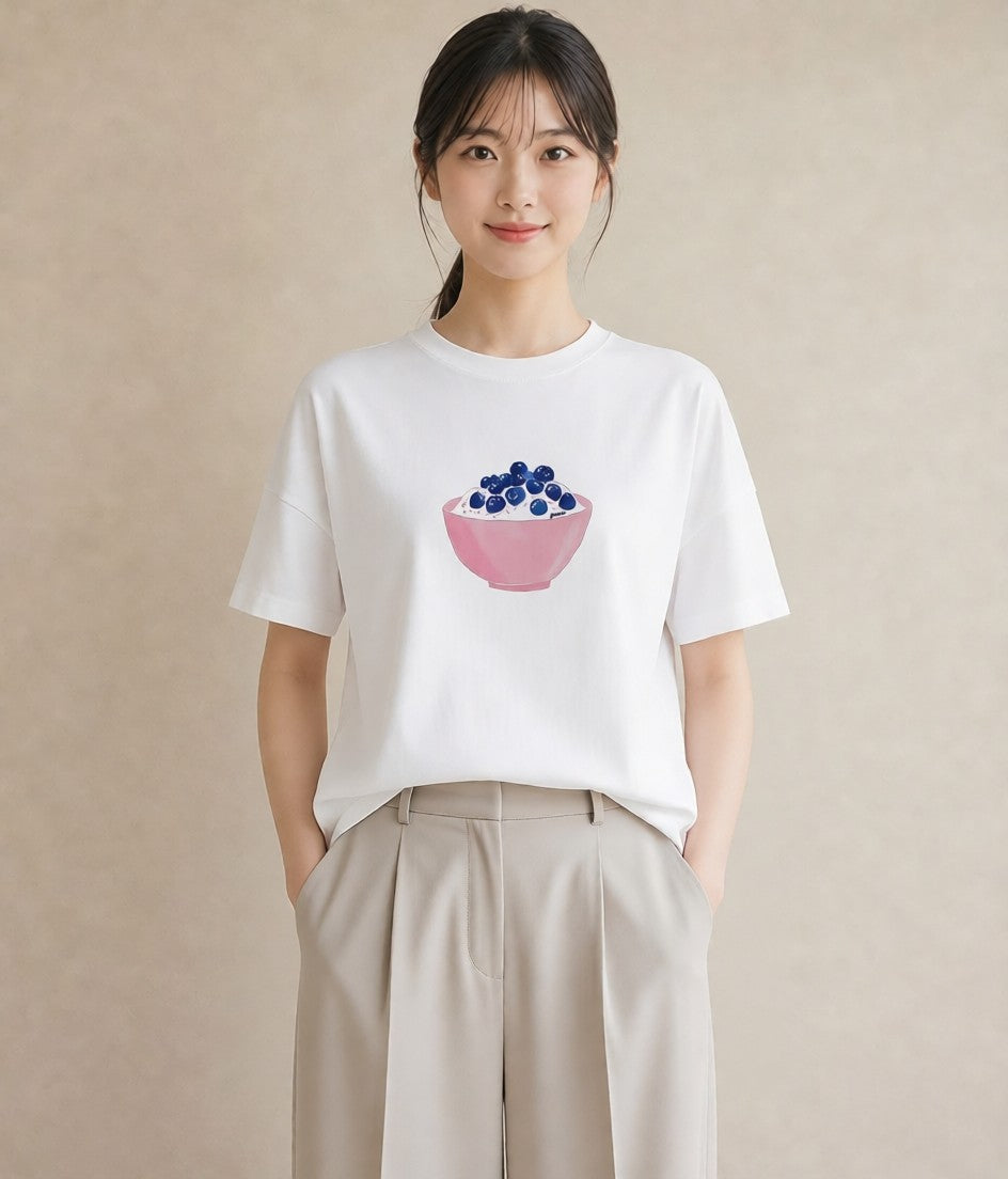デザインTシャツ レディース プリン 食べ物 フード イラスト 韓国風 お出かけ 普段着 白T YMAZO