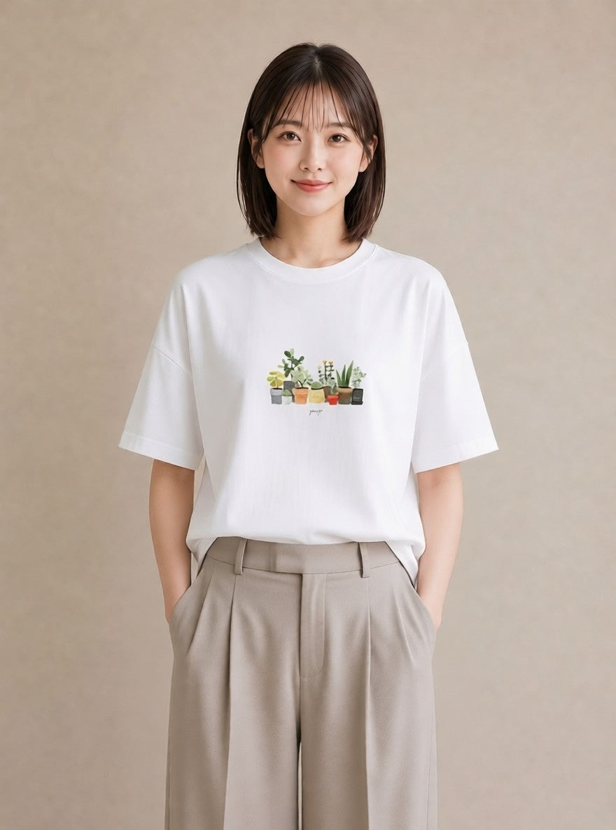 プリントTシャツ レディース 多肉植物 植物 ボタニカル イラスト 上品 母の日 ビーチ 白T YMAZO