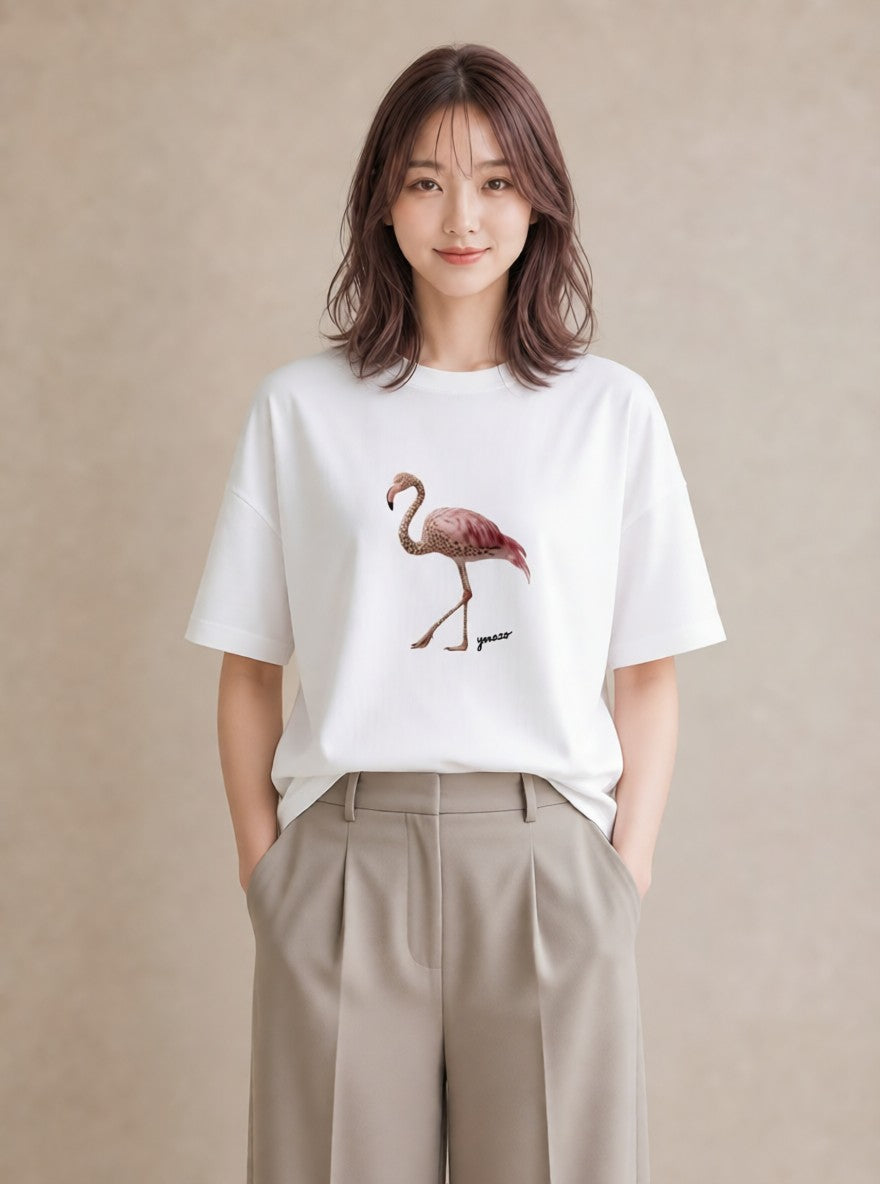 Tシャツ レディース フラミンゴ 動物 アニマル イラスト 抜け感 公園 ママ 白T YMAZO