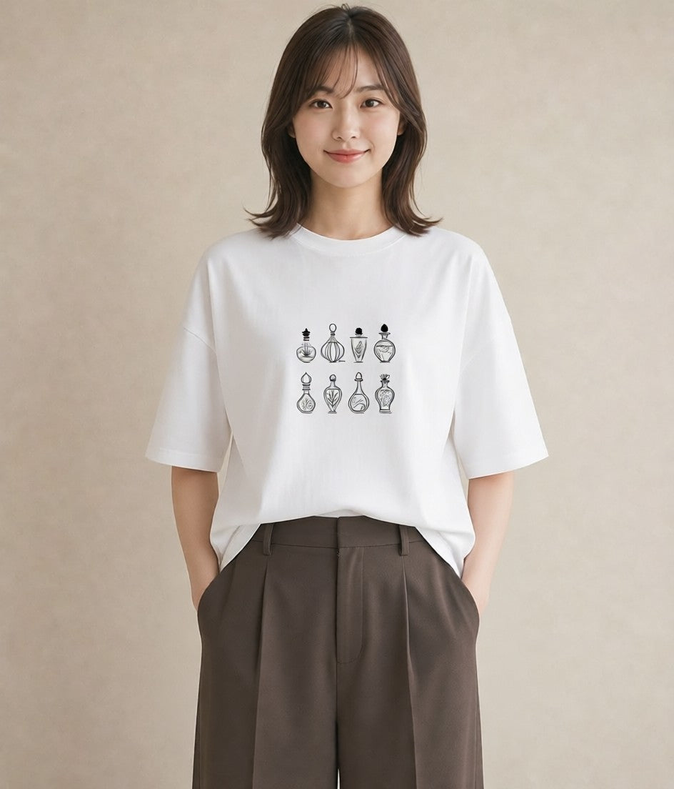 プリントTシャツ レディース 香水 香水瓶 パフューム イラスト ミニマル 秋コーデ おしゃれギフト 白T YMAZO