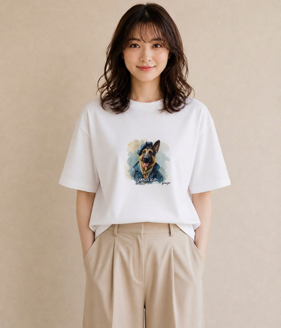 デザインTシャツ レディース ジャーマンシェパード 犬 いぬ イラスト カフェコーデ 週末コーデ 敬老の日 白T YMAZO