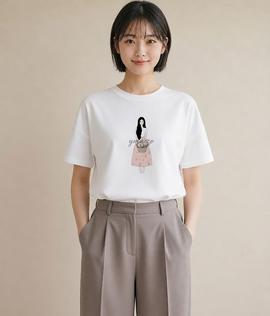 グラフィックTシャツ レディース 自転車のかご 自転車 花かご ナチュラル アンティーク イラスト シック 敬老の日 ホワイトデー 白T YMAZO