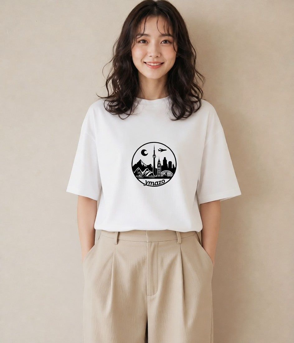 デザインTシャツ レディース 旅 トラベル スタンプ イラスト アート風 デイリーウェア 休日 白T YMAZO