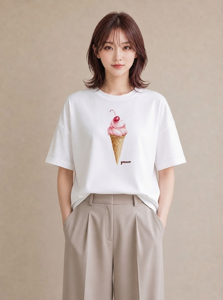 Tシャツ レディース アイス 食べ物 フード イラスト ゆるかわ 海 カフェ巡り 白T YMAZO
