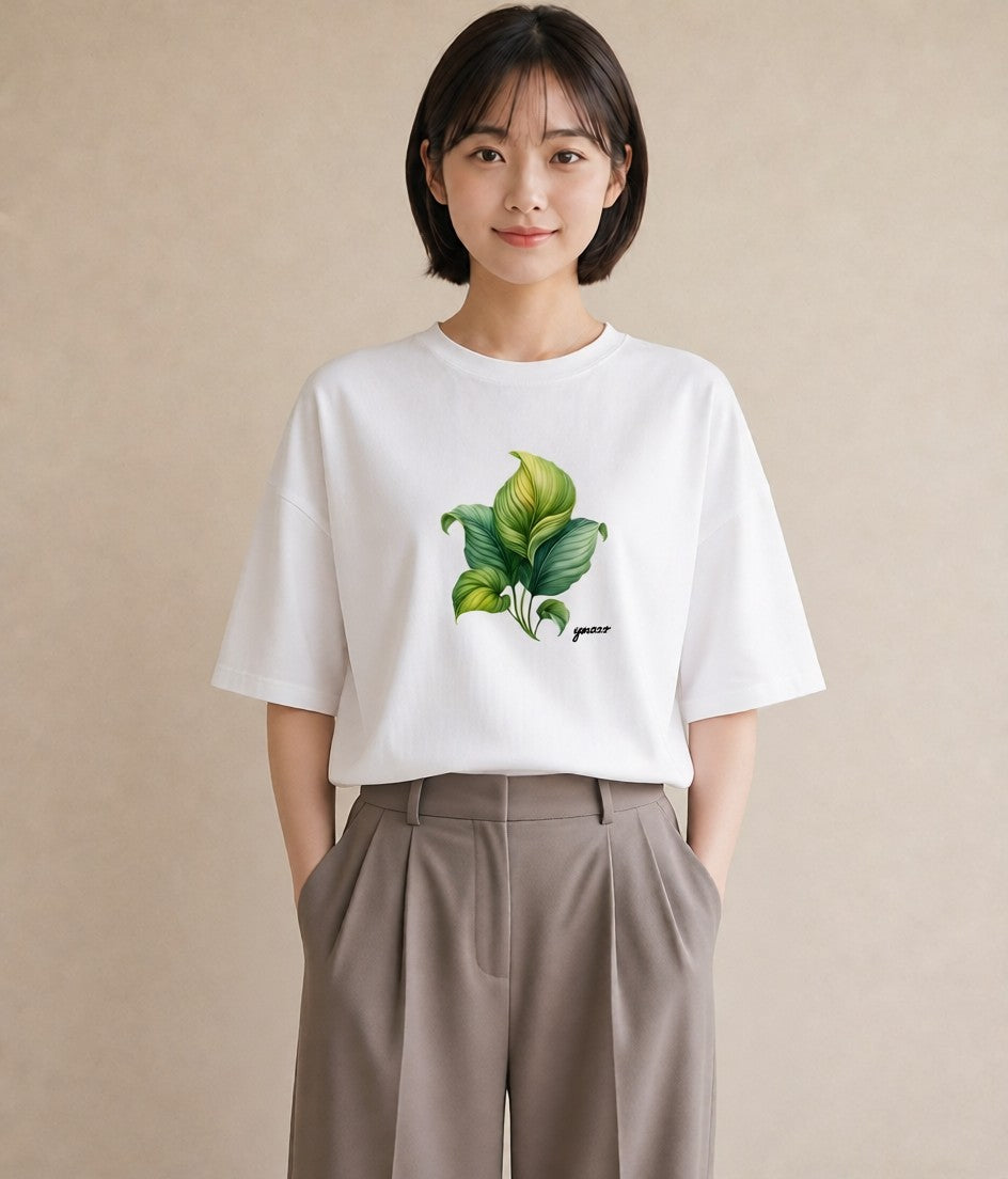 グラフィックTシャツ レディース 新緑 植物 ボタニカル イラスト ユニーク ラフ レイヤード 白T YMAZO