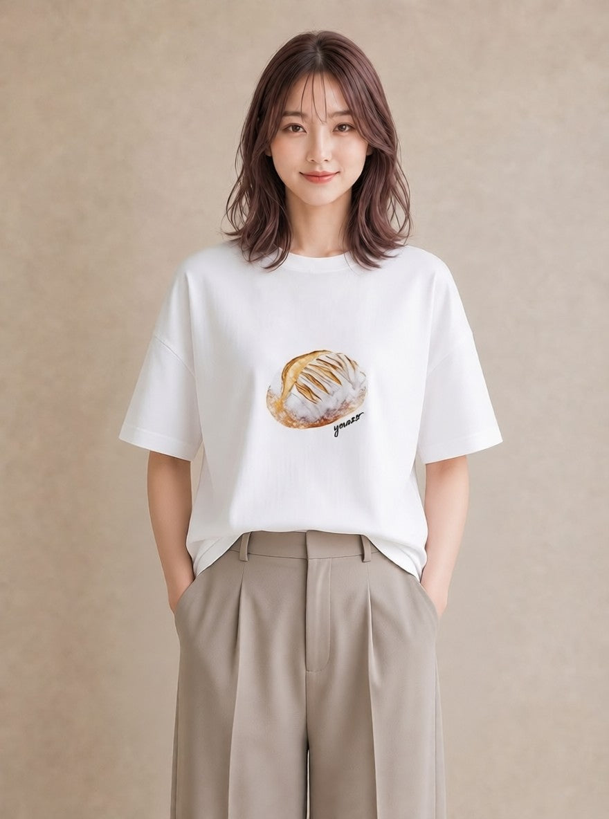 Tシャツ レディース ベーグル 食べ物 フード イラスト 線画 普段着 週末コーデ 白T YMAZO