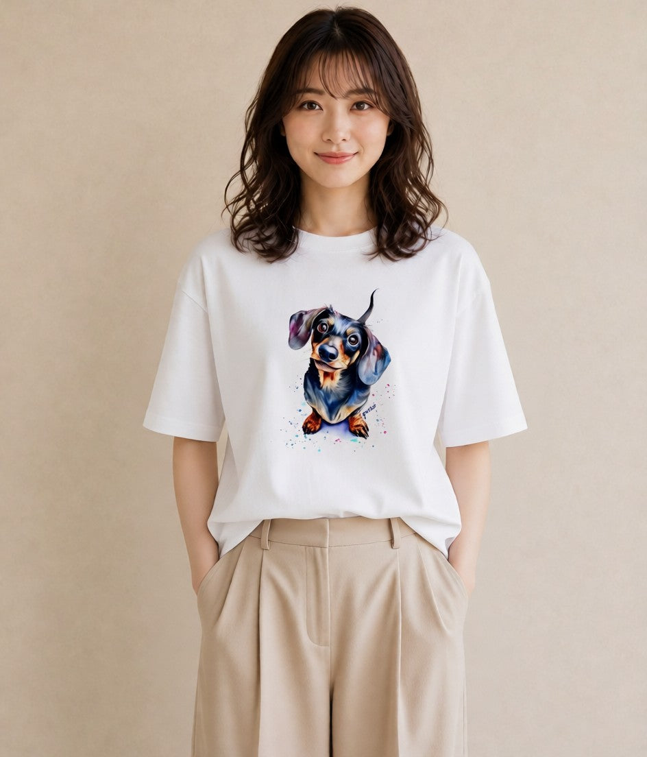 デザインTシャツ レディース ミニチュアダックスフンド 犬 いぬ イラスト ガーリー お出かけ 普段着 白T YMAZO