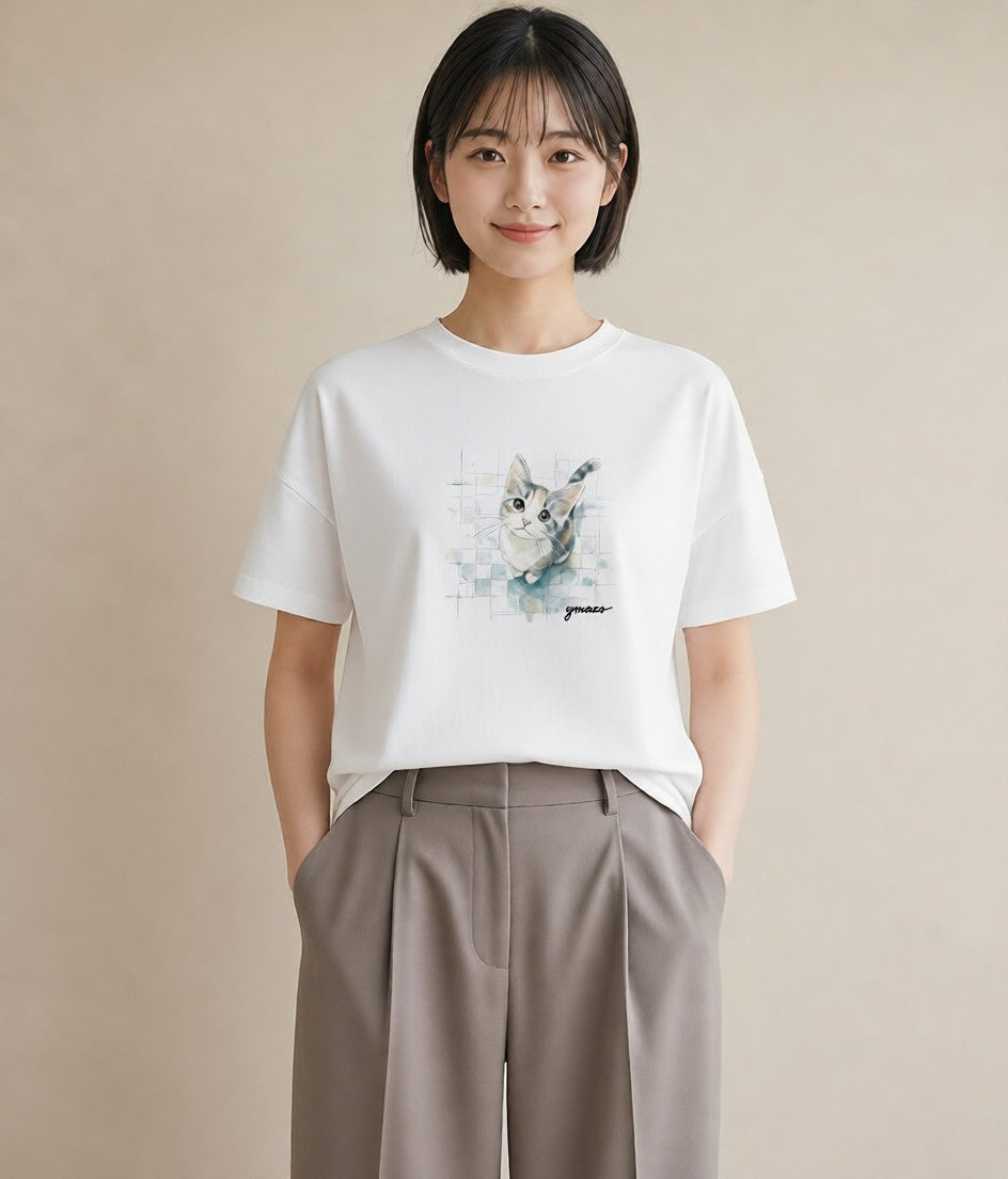 Tシャツ レディース ぶち猫 猫 ねこ イラスト ニュアンス 誕生日プレゼント 綿100 白T YMAZO