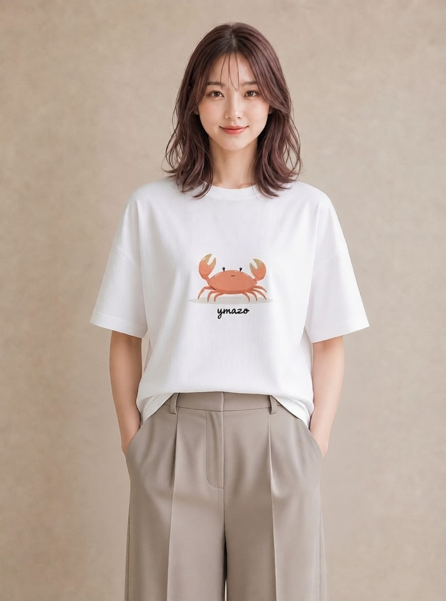 デザインTシャツ レディース カニ 海の生き物 海 イラスト ニュアンス ママ カフェ服 白T YMAZO