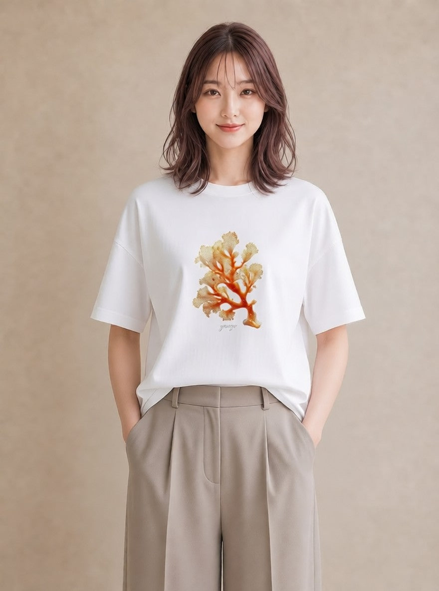 プリントTシャツ レディース サンゴ 海の生き物 海 イラスト 抜け感 カフェ巡り 女子会 白T YMAZO