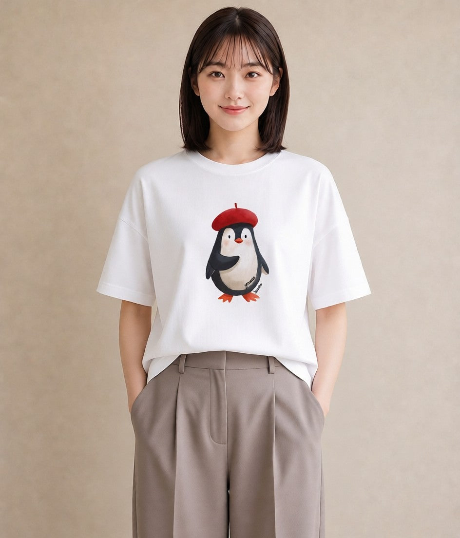 半袖Tシャツ レディース ペンギン ぺんぎん 動物 アニマル イラスト ボタニカル 誕生日プレゼント 綿100 白T YMAZO