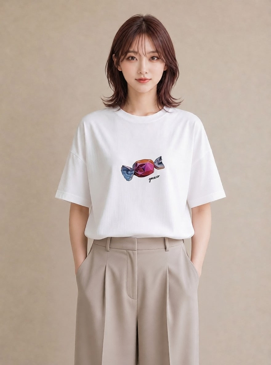 デザインTシャツ レディース キャンディ 食べ物 フード イラスト 韓国風 カフェ巡り 女子会 白T YMAZO