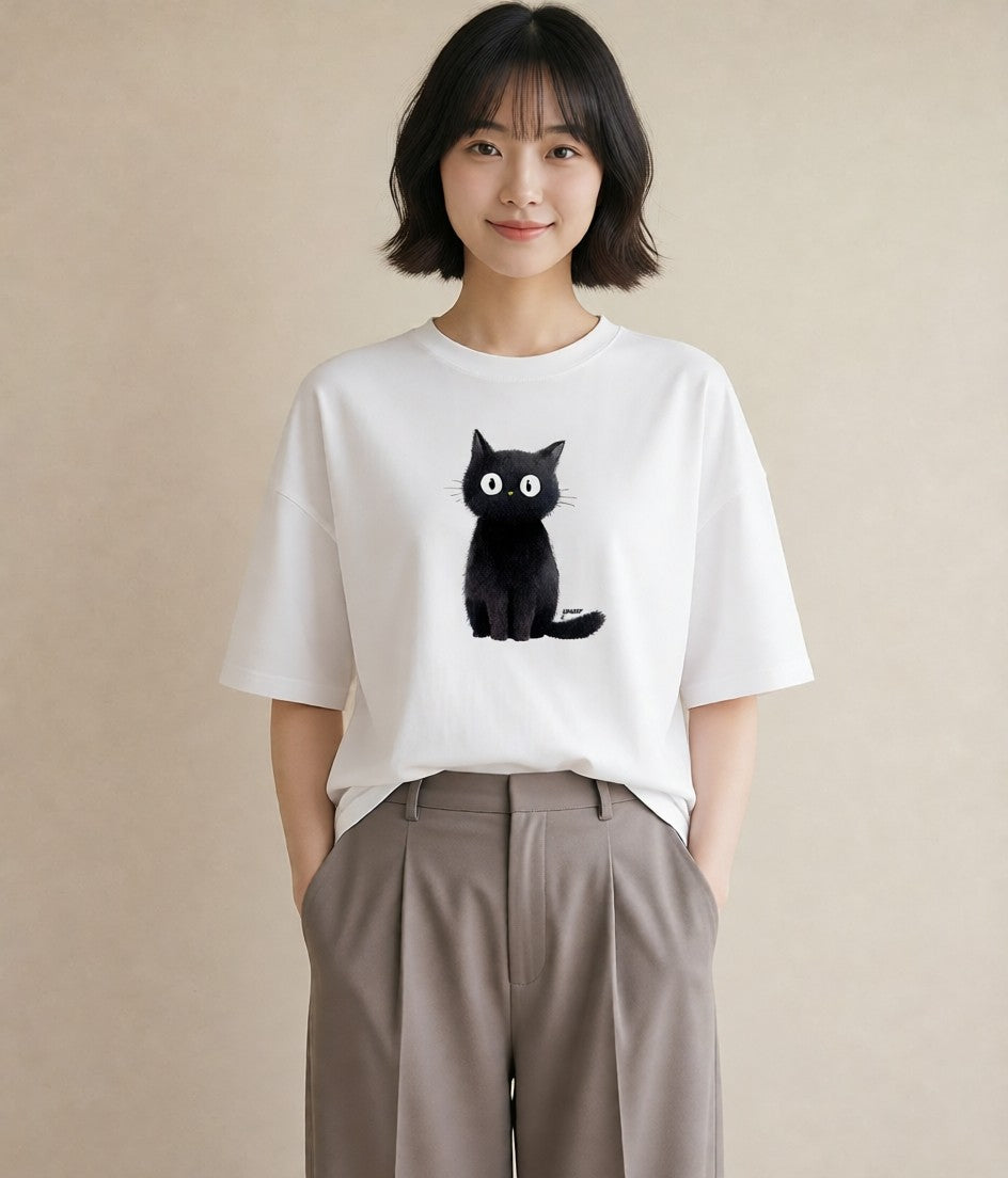 Tシャツ レディース 黒猫 猫 ねこ イラスト 旅行コーデ 海 カフェ巡り 白T YMAZO