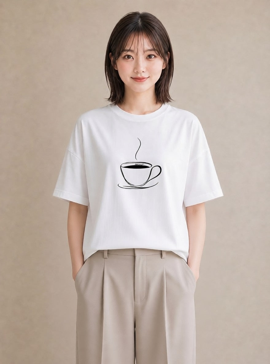 グラフィックTシャツ レディース コーヒー カフェ 珈琲 イラスト 淡色 通勤 在宅 白T YMAZO