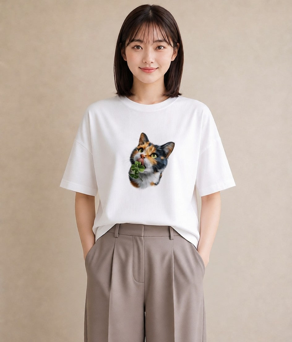 Tシャツ レディース 三毛猫 みけねこ 三毛 猫 ねこ イラスト カフェコーデ 綿100 デート 白T YMAZO