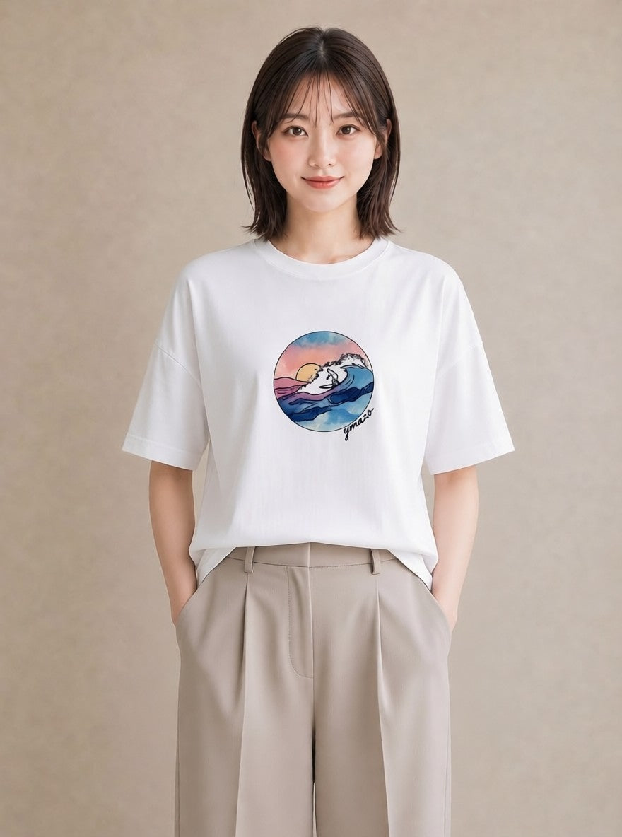 半袖Tシャツ レディース 波 星空 宇宙 イラスト 水彩風 おしゃれギフト 社会人 白T YMAZO
