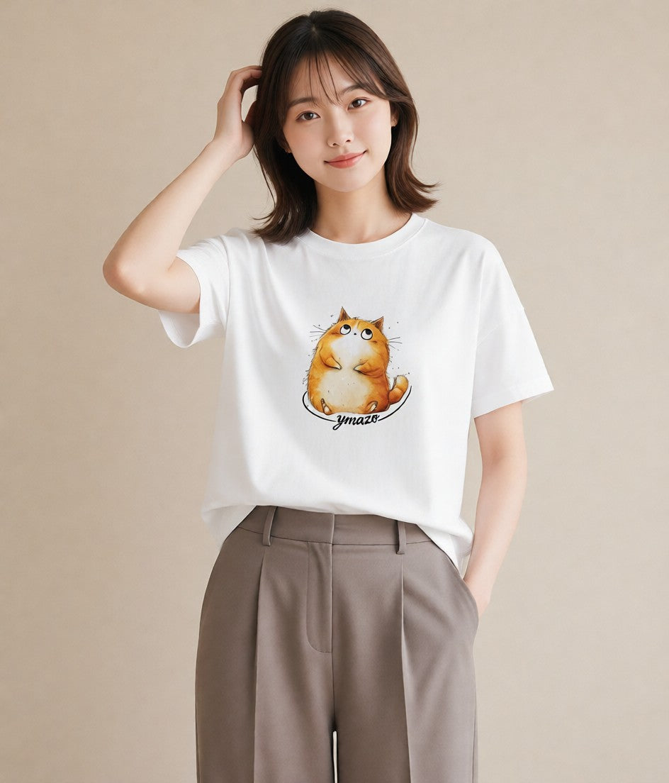 プリントTシャツ レディース 茶トラ 茶猫 猫 ねこ イラスト 淡色 デイリーウェア 休日 白T YMAZO