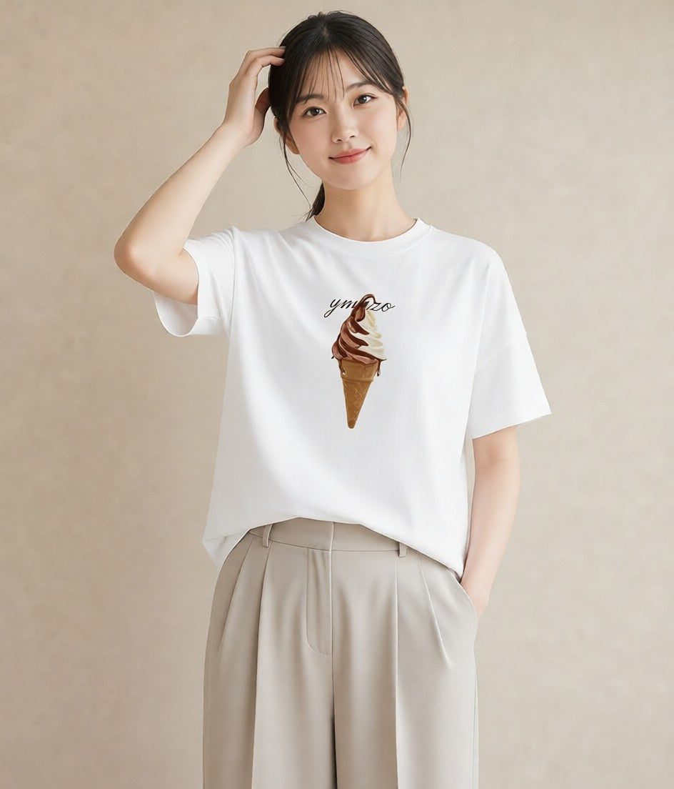 グラフィックTシャツ レディース ソフトクリーム 食べ物 フード イラスト ミニマル 夏コーデ 通学 白T YMAZO