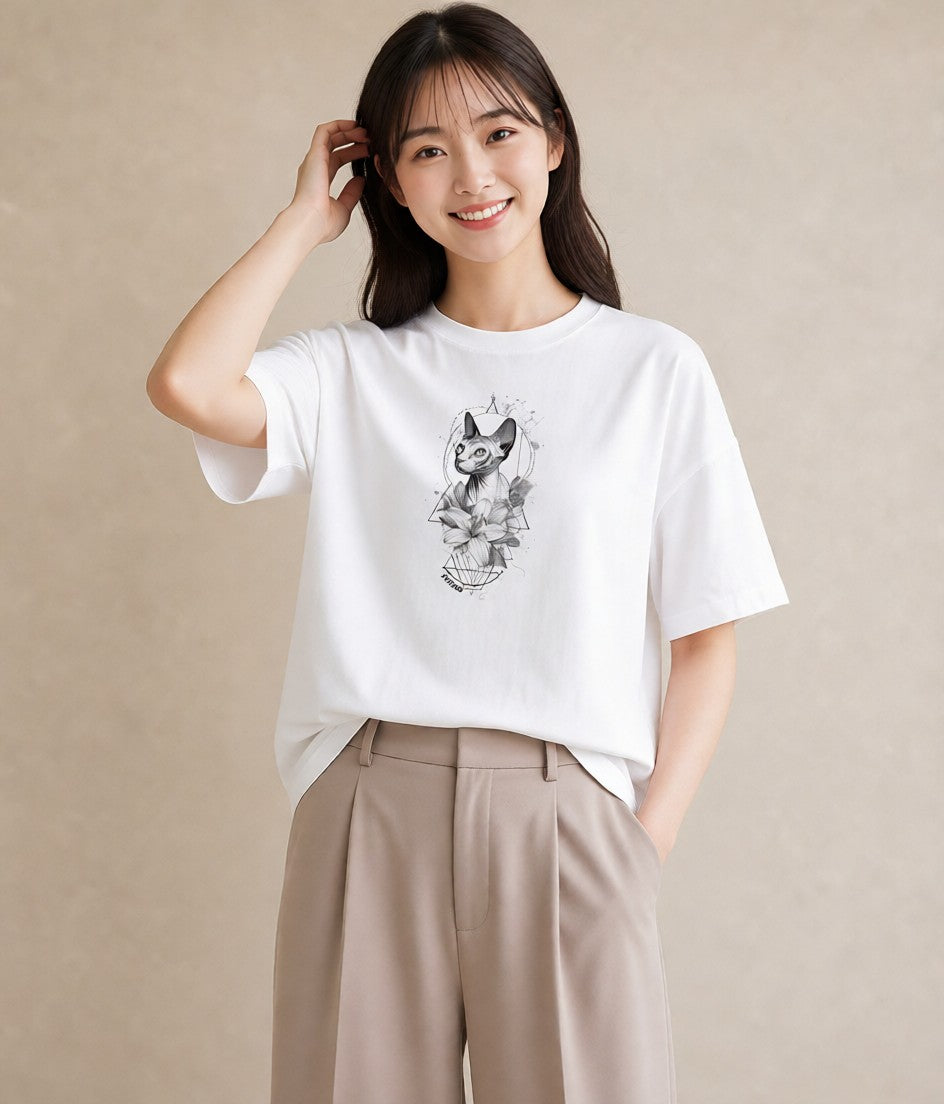 デザインTシャツ レディース スフィンクス 猫 ねこ イラスト ニュアンス デイリーウェア 休日 白T YMAZO
