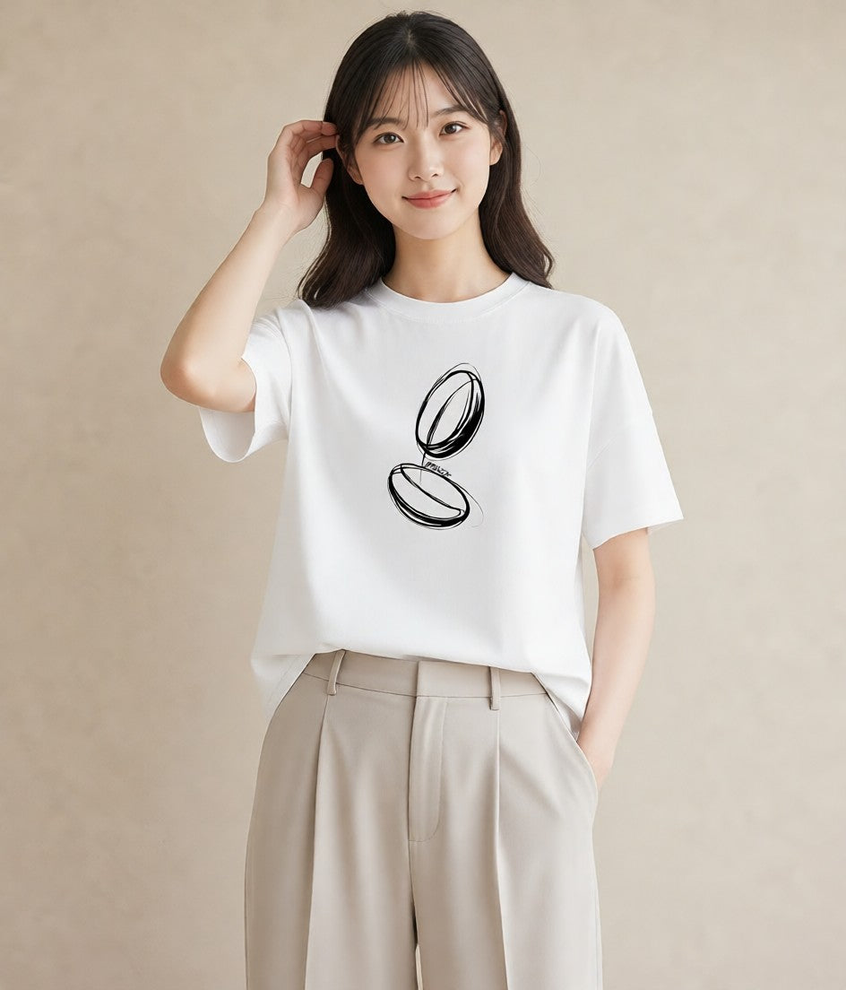 プリントTシャツ レディース パールピアス アクセサリー ナチュラル アンティーク イラスト 韓国風 20代 カジュアルコーデ 白T YMAZO