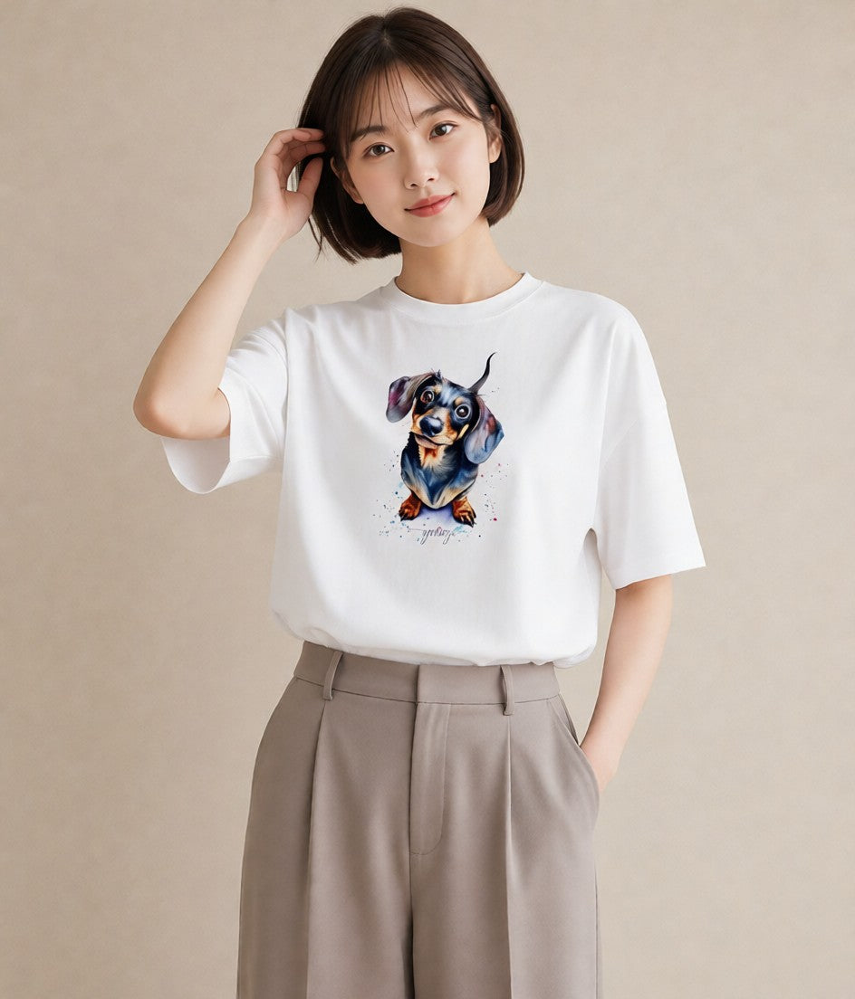 半袖Tシャツ レディース ミニチュアダックスフンド 犬 いぬ イラスト ヴィンテージ風 ギフト 母の日 白T YMAZO