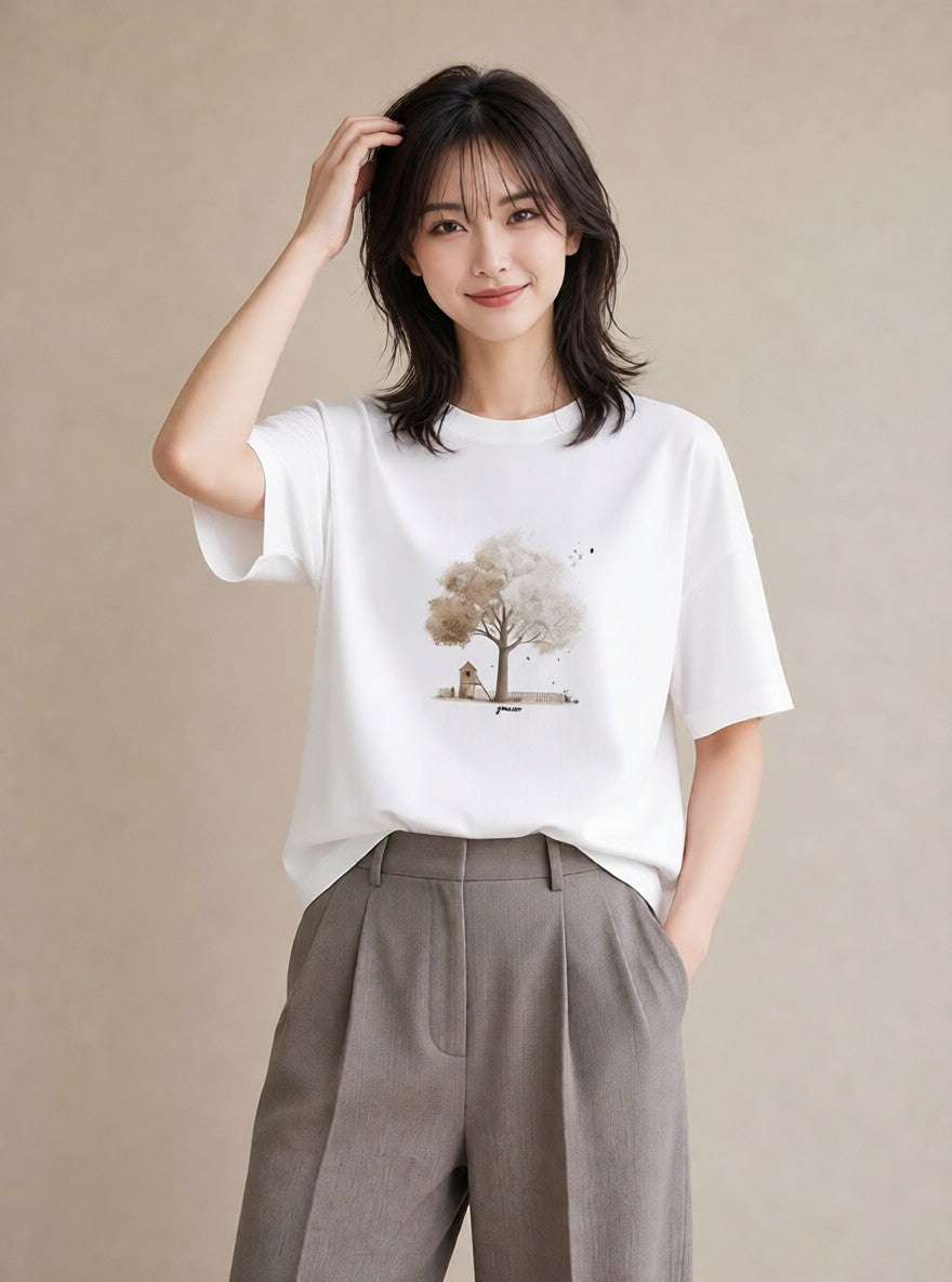 半袖Tシャツ レディース 青の水彩 風景 ブルー ナチュラル アンティーク イラスト ニュアンス 自分用 ルームウェア 白T YMAZO