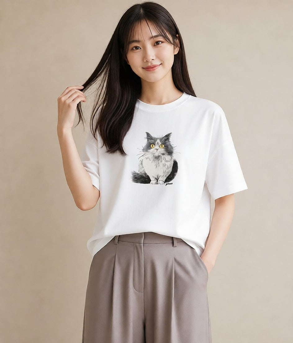 グラフィックTシャツ レディース ブリティッシュショートヘア 猫 ねこ イラスト アート風 秋コーデ おしゃれギフト 白T YMAZO