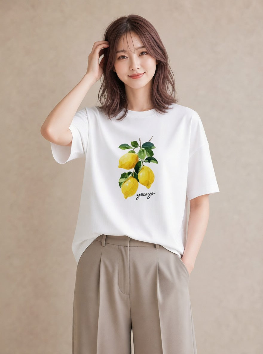 グラフィックTシャツ レディース レモン 檸檬 食べ物 フード イラスト きれいめカジュアル お出かけ 普段着 白T YMAZO
