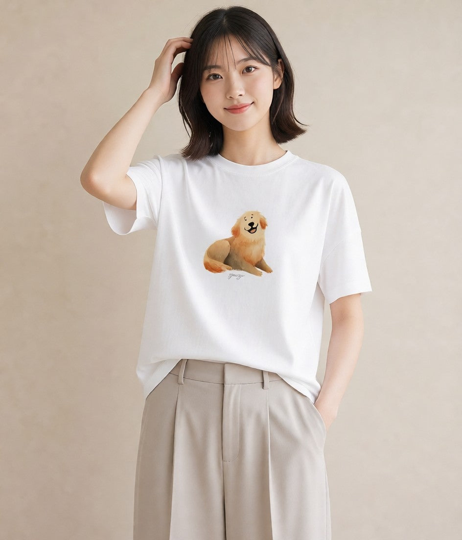 半袖Tシャツ レディース わんちゃん 犬 いぬ イラスト ラフ 普段着 週末コーデ 白T YMAZO