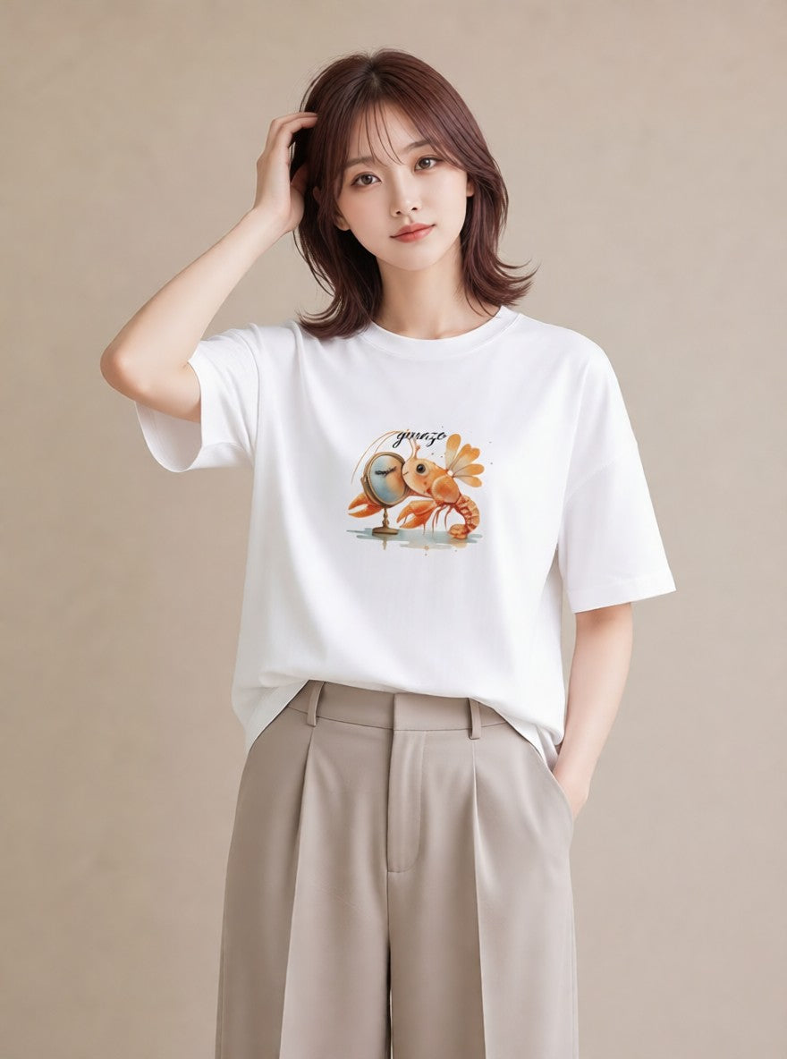 グラフィックTシャツ レディース エビ 海の生き物 海 イラスト ミニマル 綿100 デート 白T YMAZO