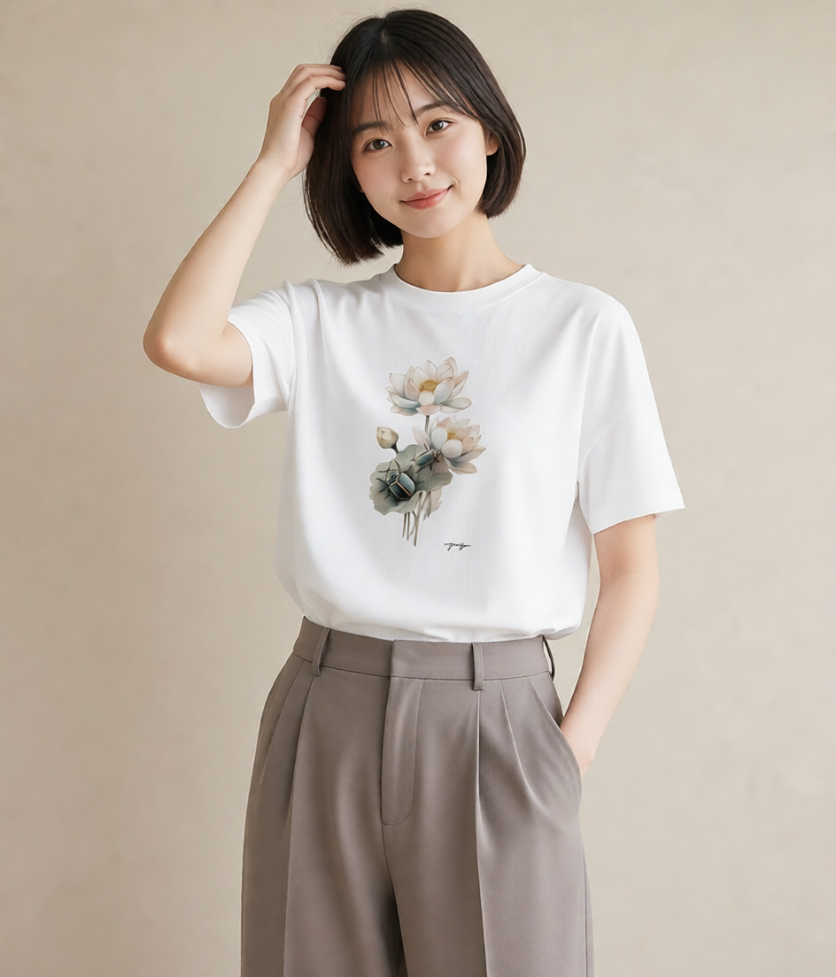 デザインTシャツ レディース 蓮 花 花柄 イラスト 休日コーデ 友達ギフト 部屋着 白T