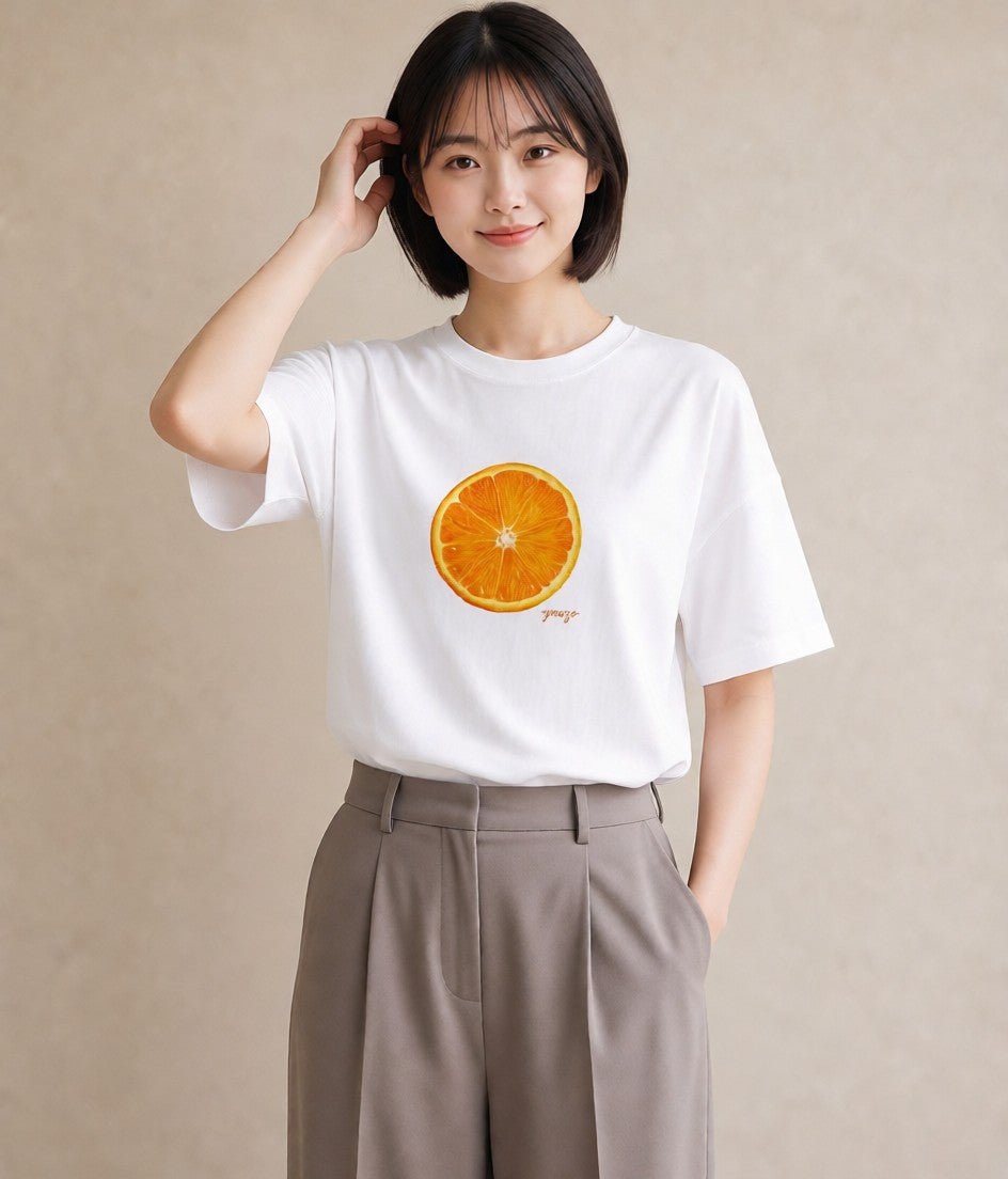 デザインTシャツ レディース みかん 食べ物 フード イラスト カジュアル 週末コーデ 敬老の日 白T YMAZO