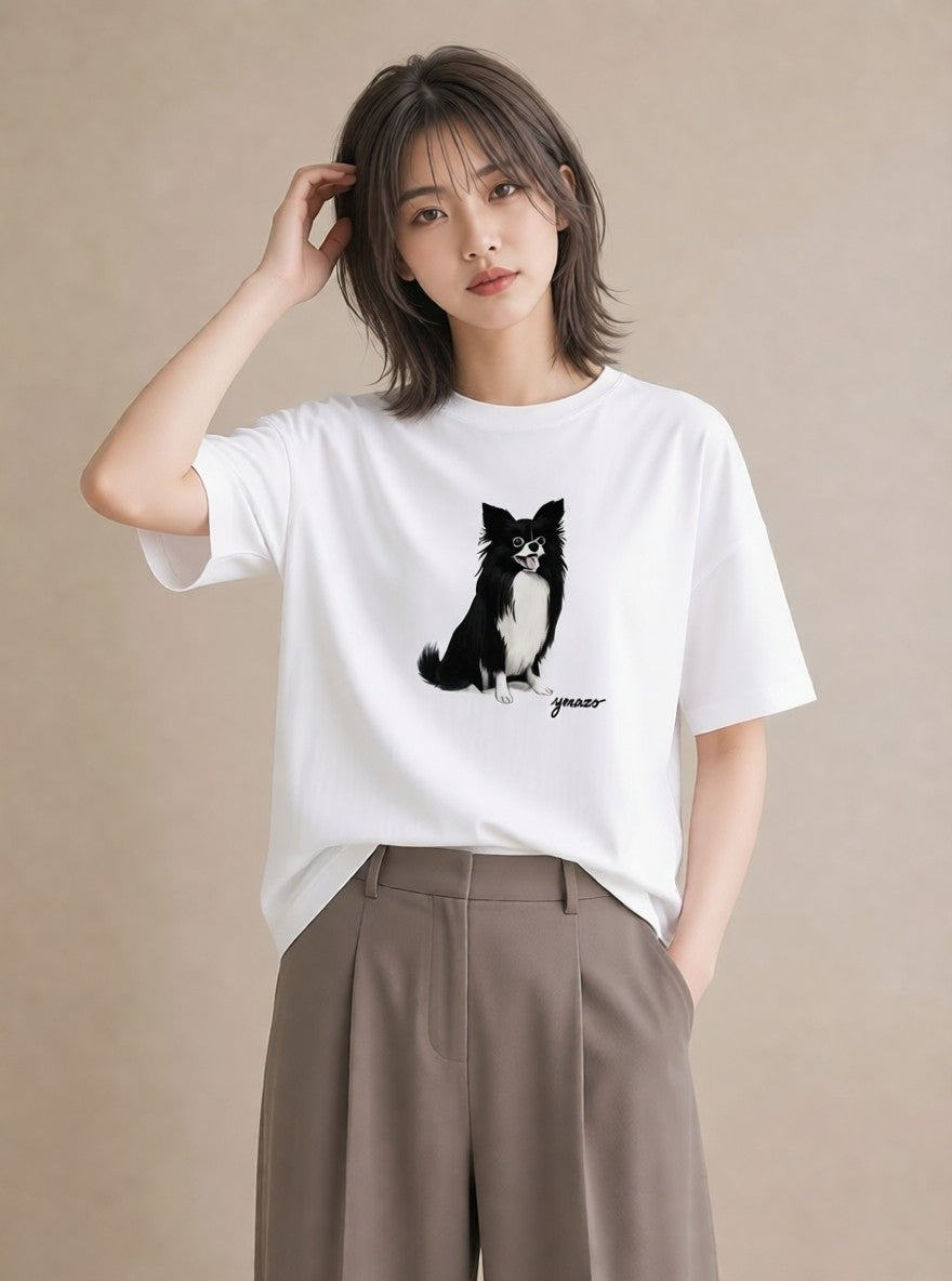 プリントTシャツ レディース ロングコートチワワ 犬 いぬ イラスト 上品 お揃い 親子 白T YMAZO
