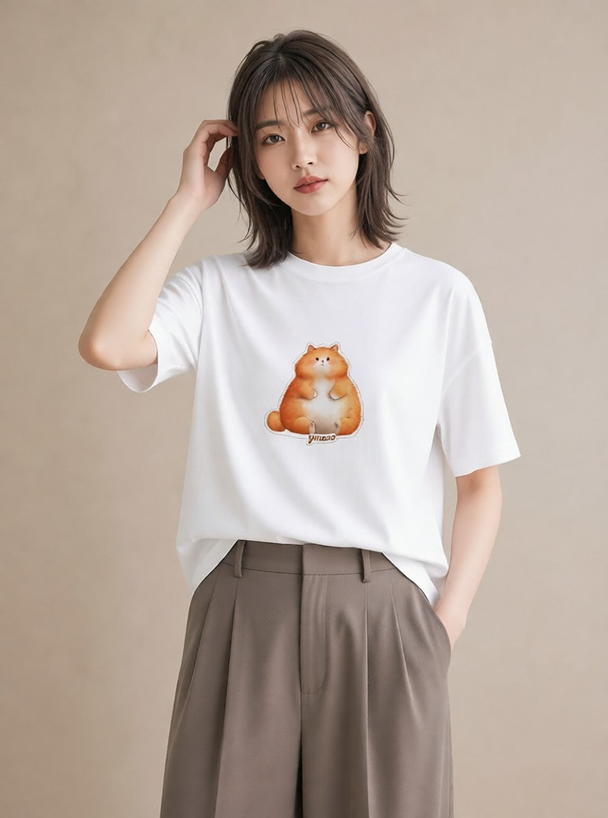 半袖Tシャツ レディース 茶トラ 茶猫 猫 ねこ イラスト ニュアンス 旅行 母娘コーデ 白T YMAZO