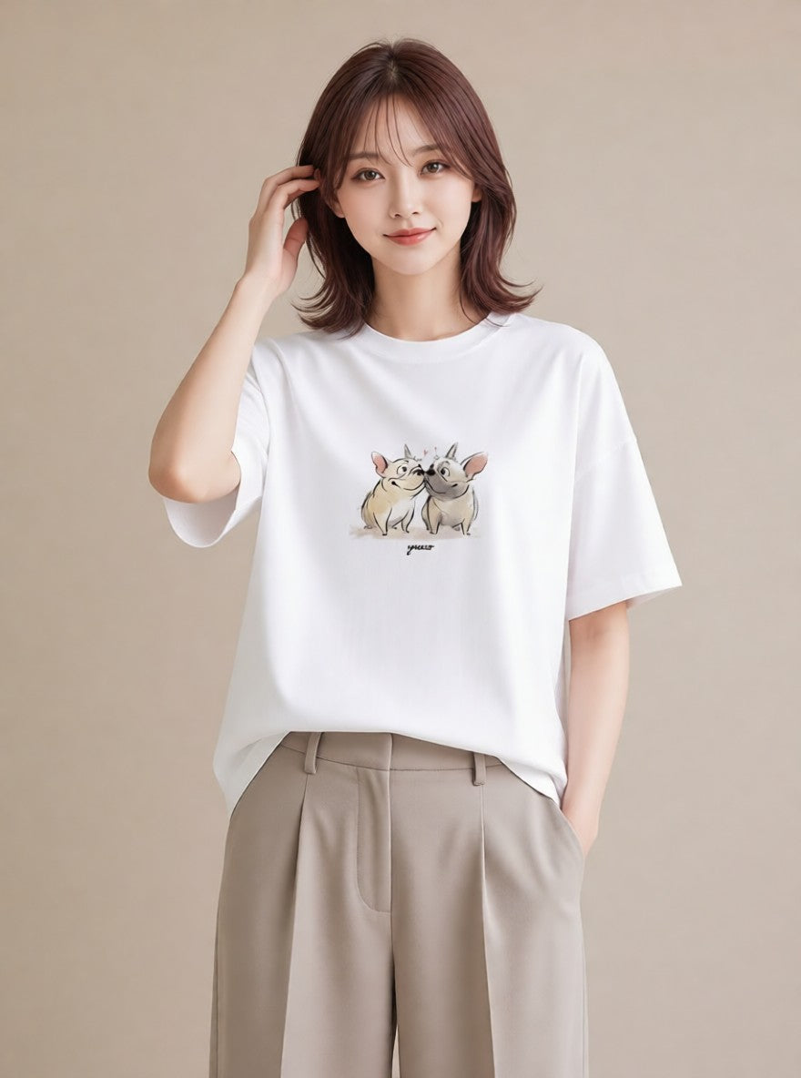 プリントTシャツ レディース フレンチブルドッグ フレブル 犬 いぬ イラスト きれいめカジュアル カジュアルコーデ 買い物 白T YMAZO