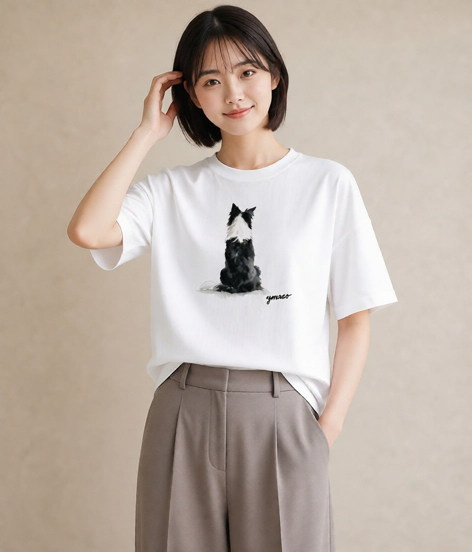 デザインTシャツ レディース ボーダーコリー 犬 いぬ イラスト ゆるコーデ 夏コーデ 通学 白T YMAZO