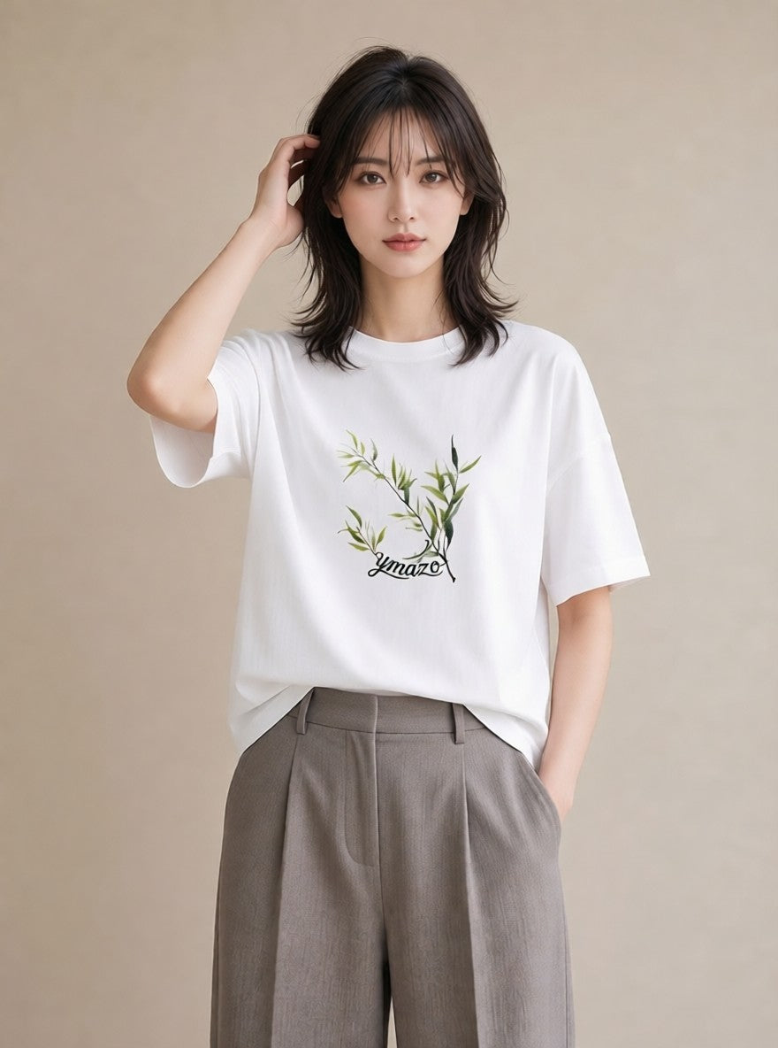 半袖Tシャツ レディース ユーカリ 植物 ボタニカル イラスト ゆるコーデ 誕生日プレゼント 綿100 白T YMAZO