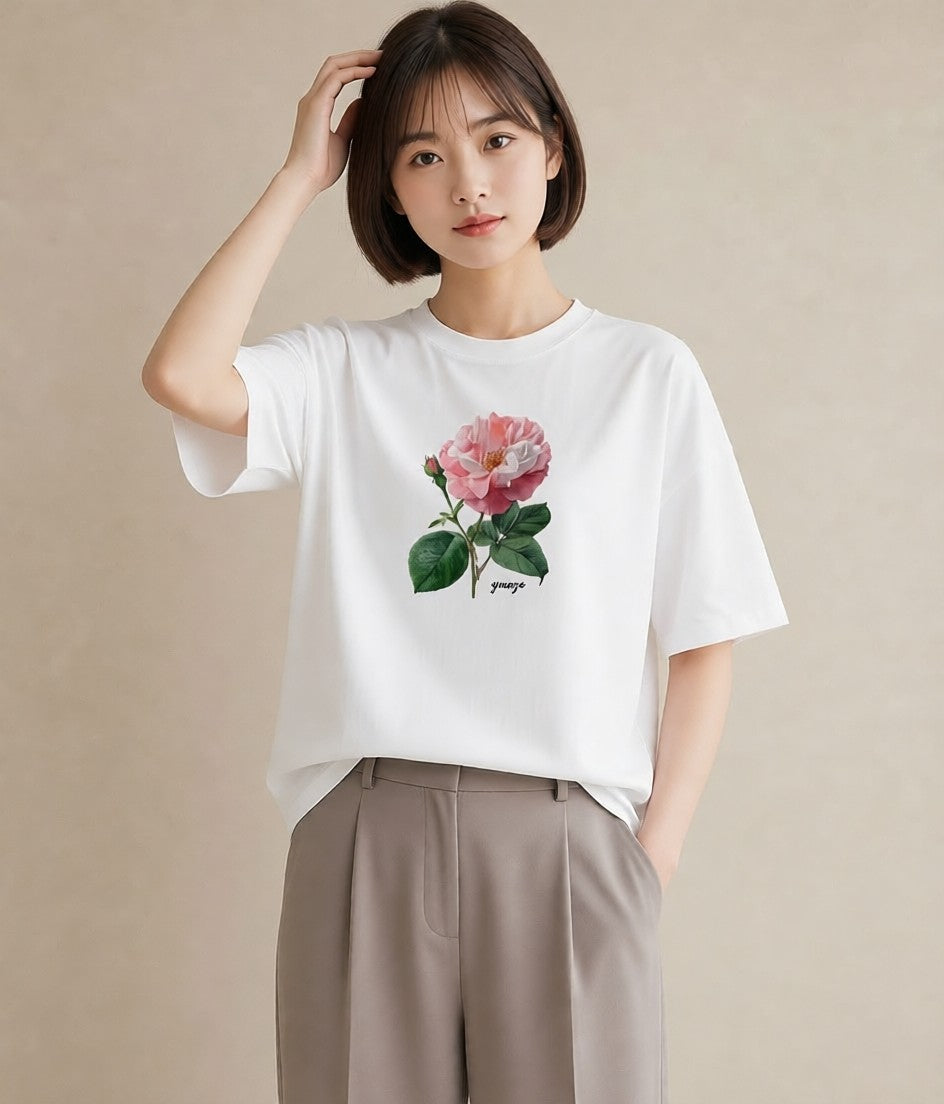 半袖Tシャツ レディース バラ 薔薇 ローズ 花 花柄 イラスト ボタニカル カフェ服 クリスマス 白T YMAZO