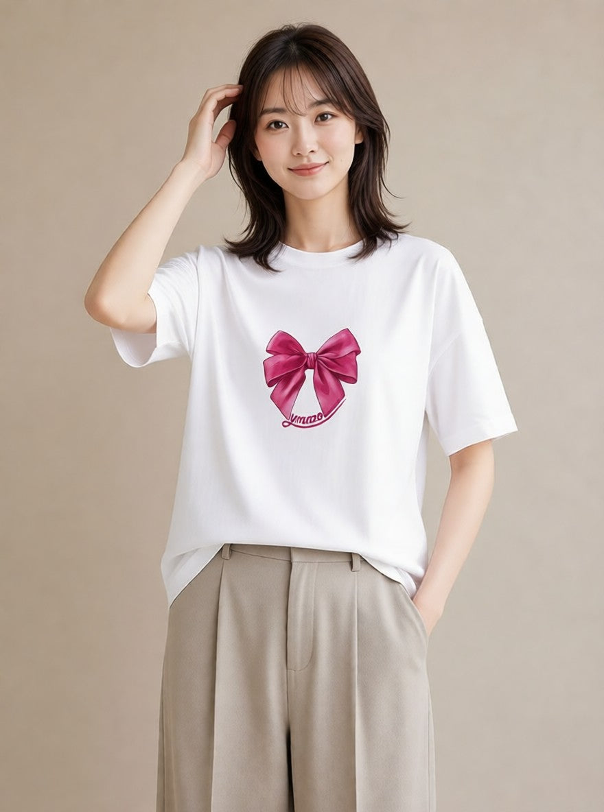 半袖Tシャツ レディース リボン 蝶結び ナチュラル アンティーク イラスト ヴィンテージ風 母の日 ビーチ 白T YMAZO