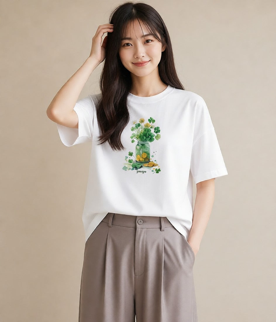 グラフィックTシャツ レディース クローバー 四つ葉 花 花柄 イラスト 旅行コーデ カフェ服 クリスマス 白T YMAZO